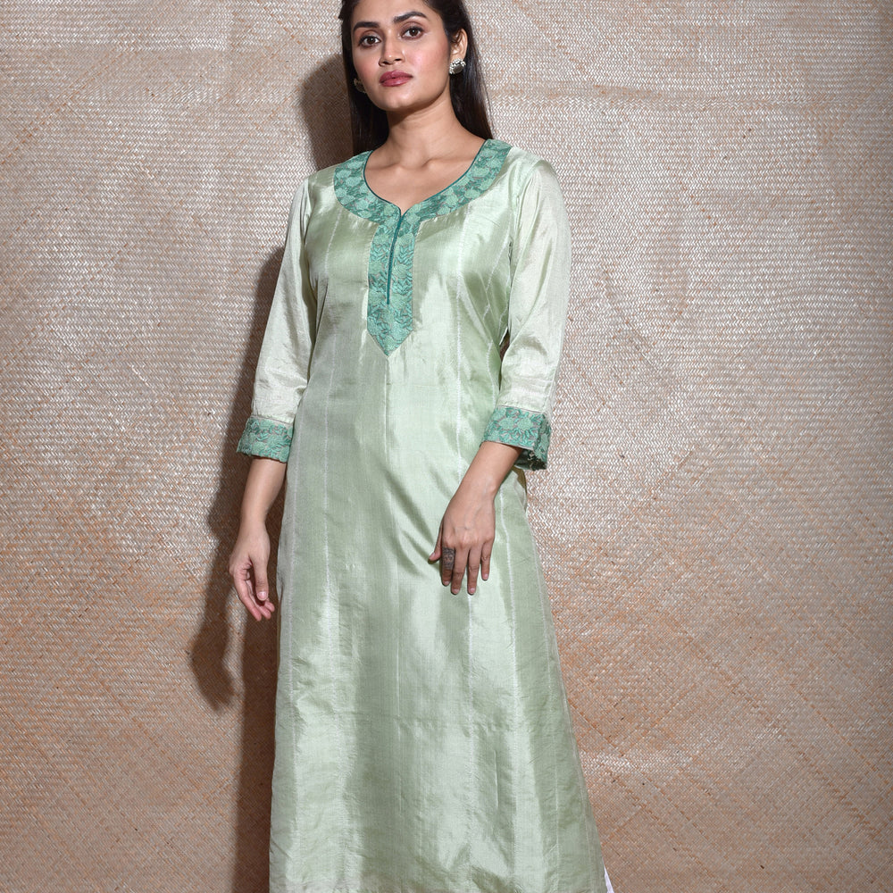 Pure Silk Kurta with Thread Work - Pista