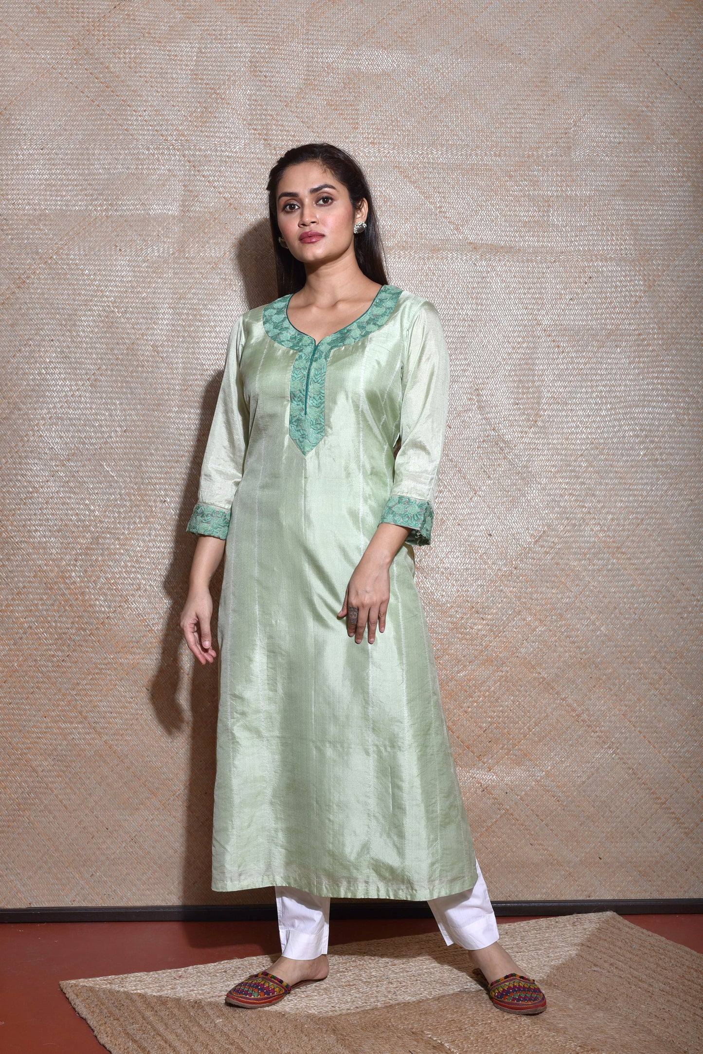 Pure Silk Kurta with Thread Work - Pista