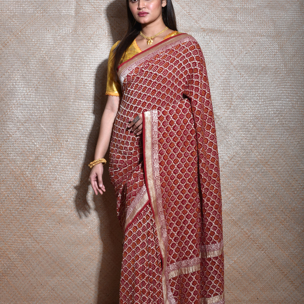 Pure Zari Gharchola Banarasi Bandhani Saree - Maroon