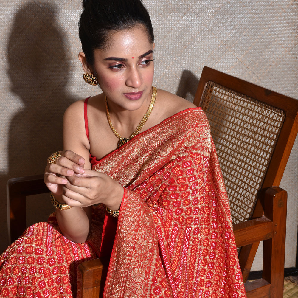 
                      
                        Pure Zari Saree Banarasi Bandhani In Vermilion Red.
                      
                    