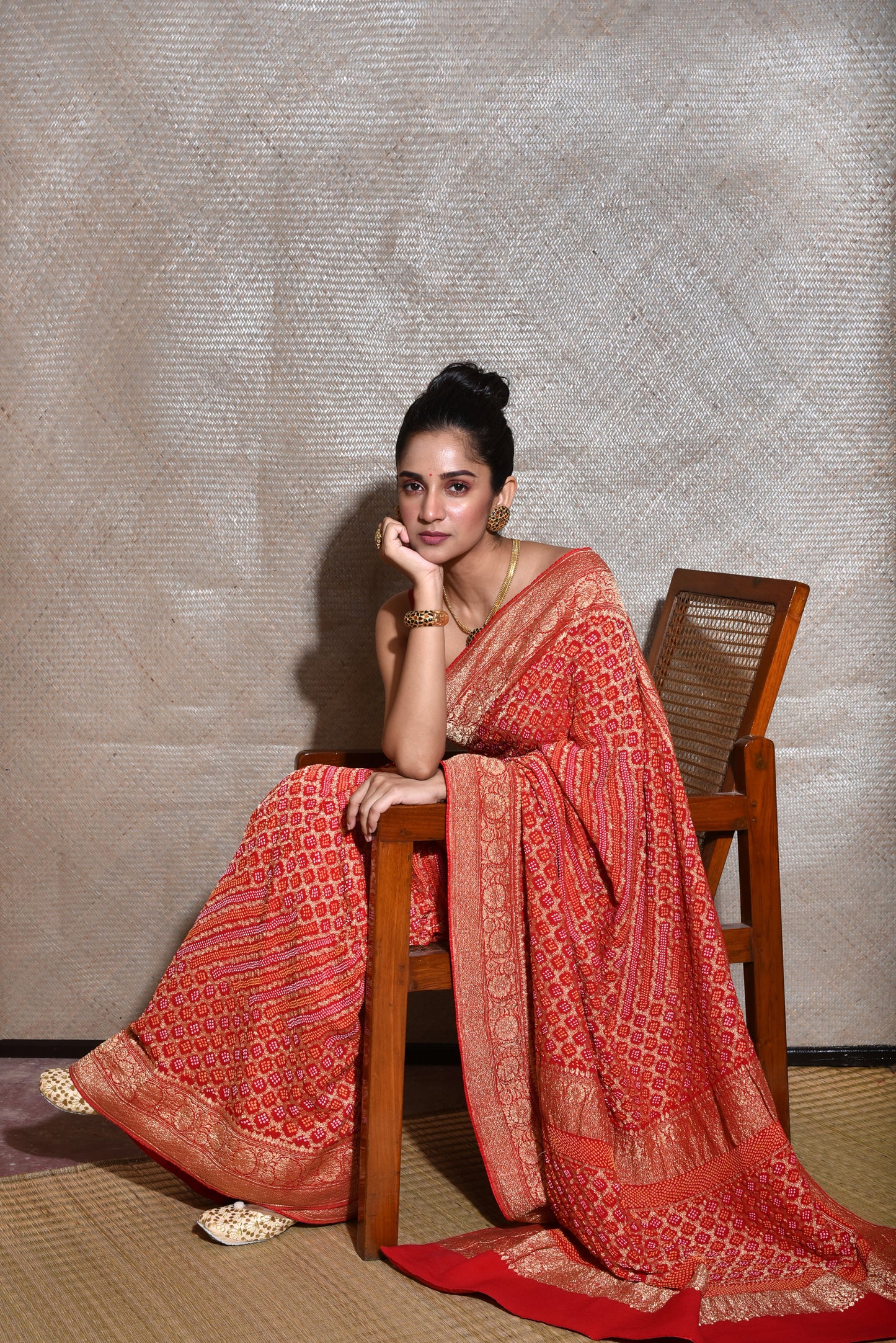 Pure Zari Saree Banarasi Bandhani In Vermilion Red.