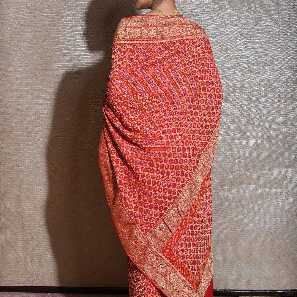 
                      
                        Pure Zari Saree Banarasi Bandhani In Vermilion Red.
                      
                    