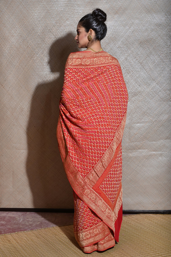 Pure Zari Saree Banarasi Bandhani In Vermilion Red.