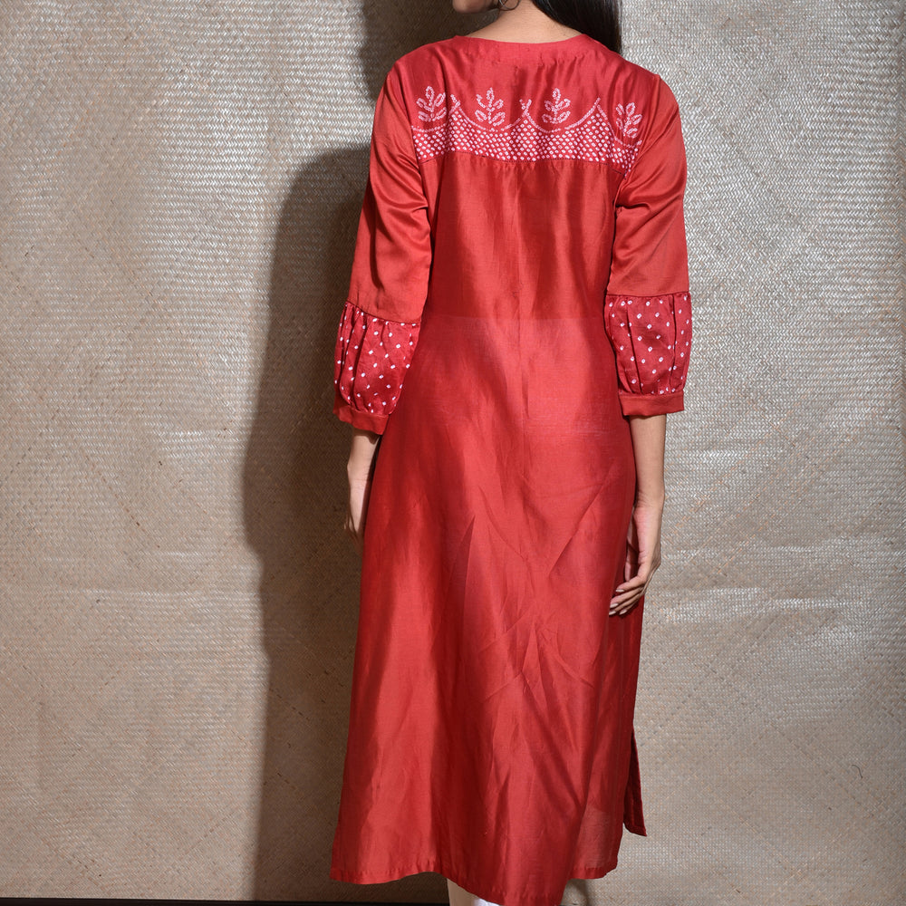 
                      
                        Red Bandhani on Chanderi Kurta
                      
                    