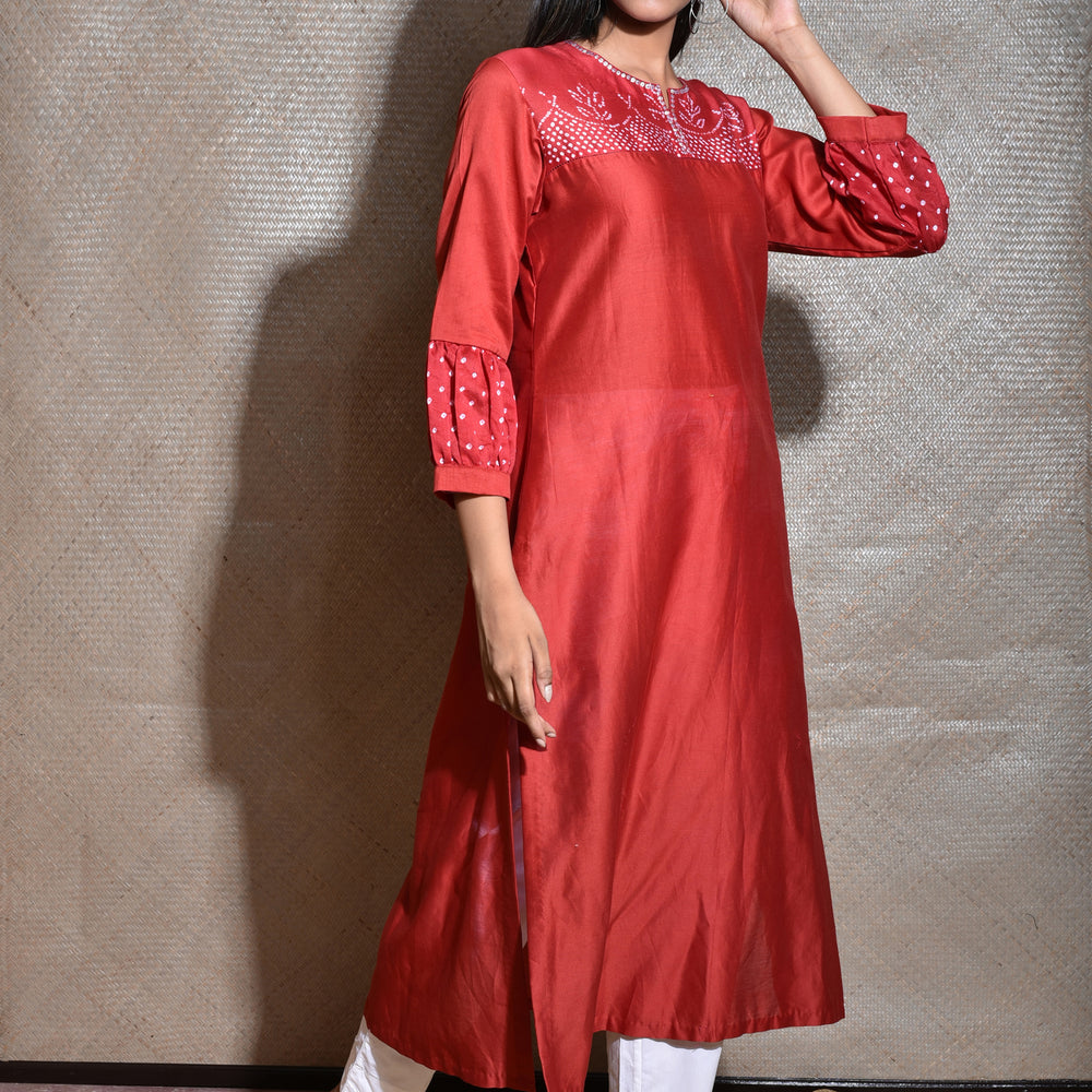 
                      
                        Red Bandhani on Chanderi Kurta
                      
                    