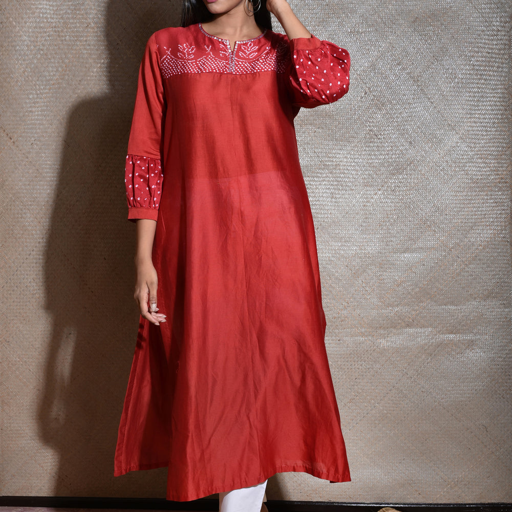 
                      
                        Red Bandhani on Chanderi Kurta
                      
                    