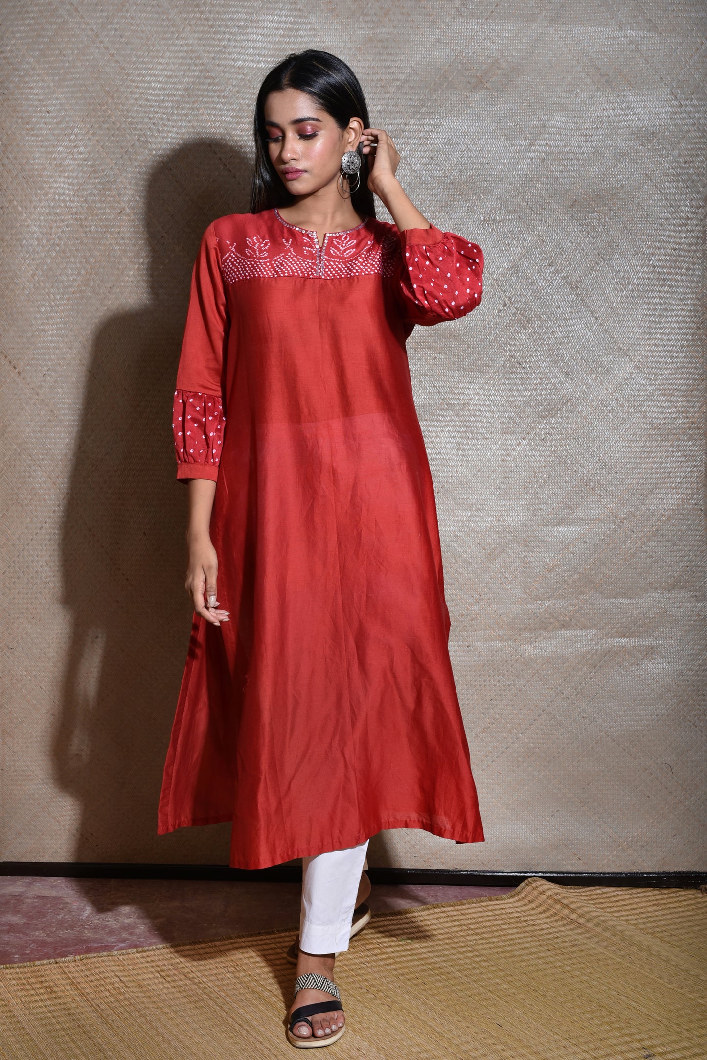 Red Bandhani on Chanderi Kurta