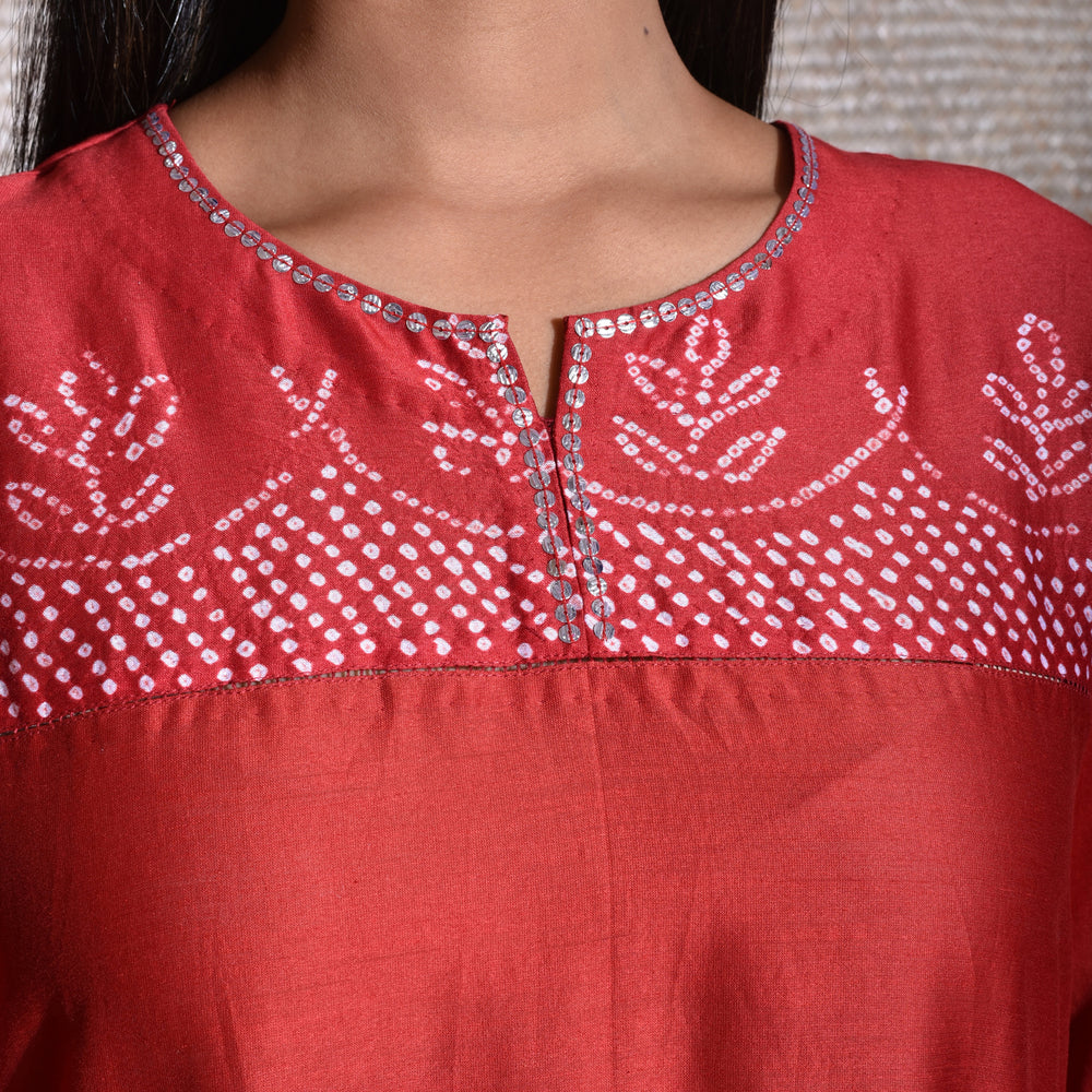 
                      
                        Red Bandhani on Chanderi Kurta
                      
                    