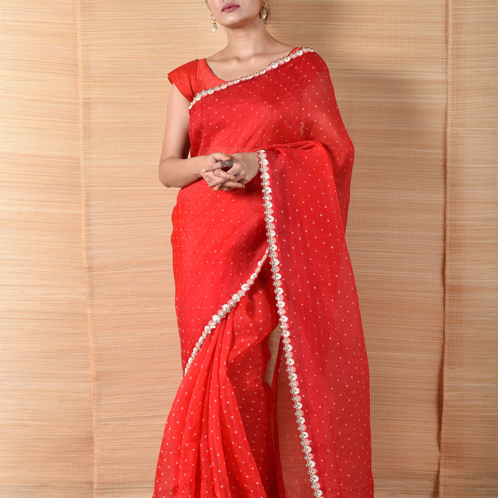 Red Bandhani on Organza Saree with Gota Patti