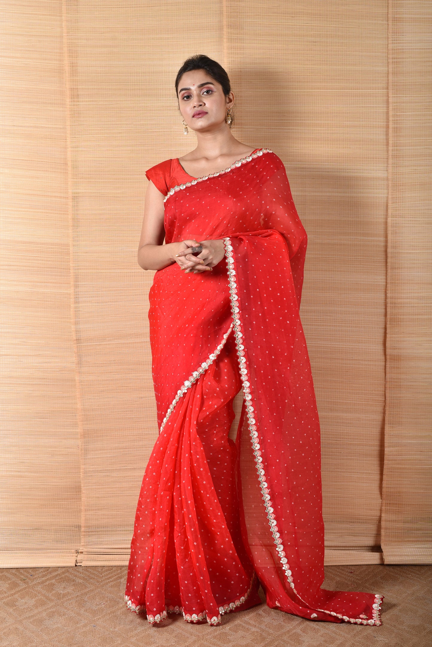 Red Bandhani on Organza Saree with Gota Patti