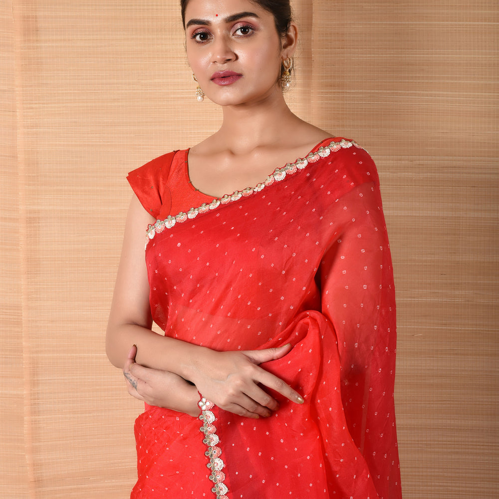 Red Bandhani on Organza Saree with Gota Patti