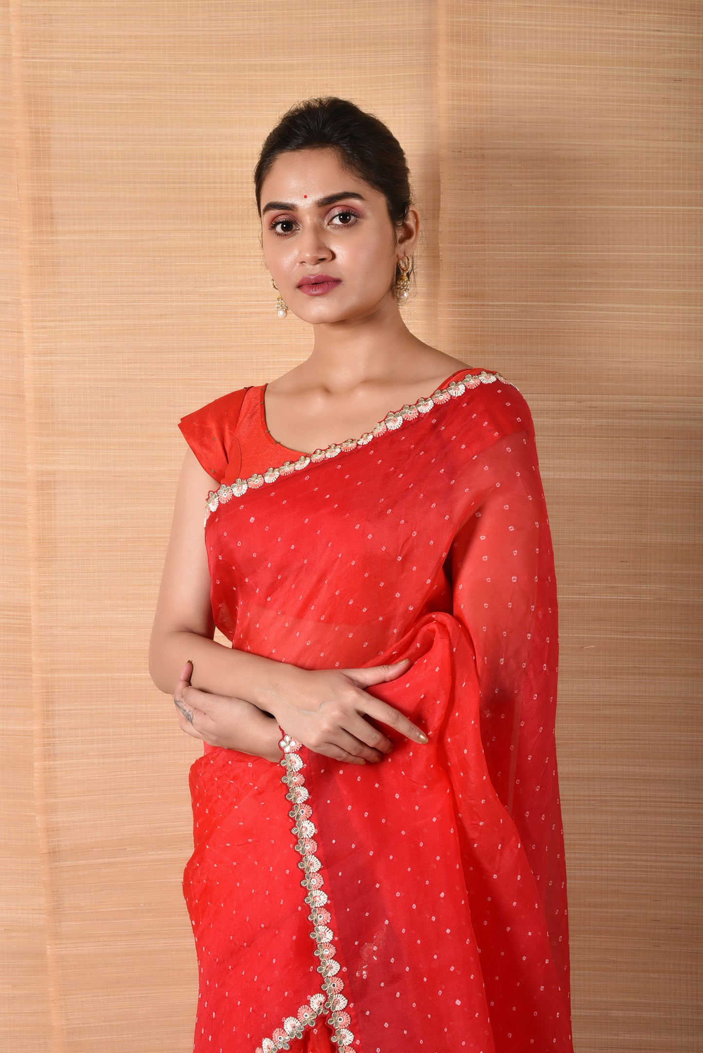 Red Bandhani on Organza Saree with Gota Patti