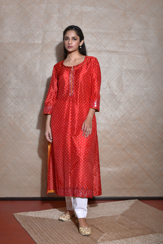 Red Bandhani on Silk Kurta with Mirror Work
