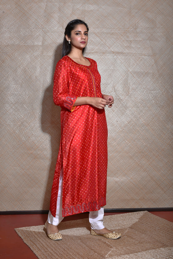 Red Bandhani on Silk Kurta with Mirror Work