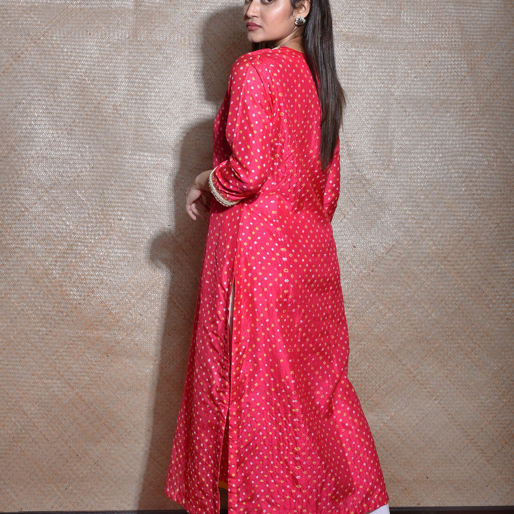 
                      
                        Red Bandhani on Silk Kurta with Thread Work
                      
                    