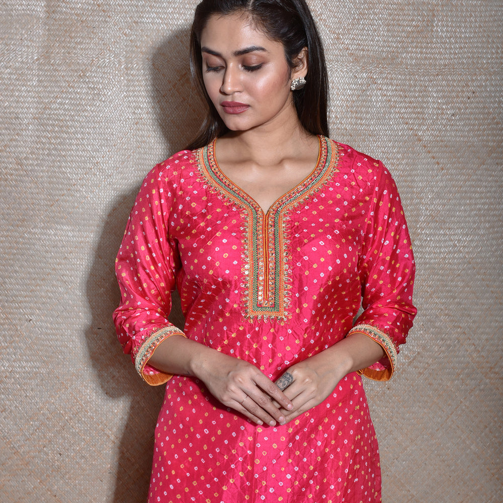 Red Bandhani on Silk Kurta with Thread Work