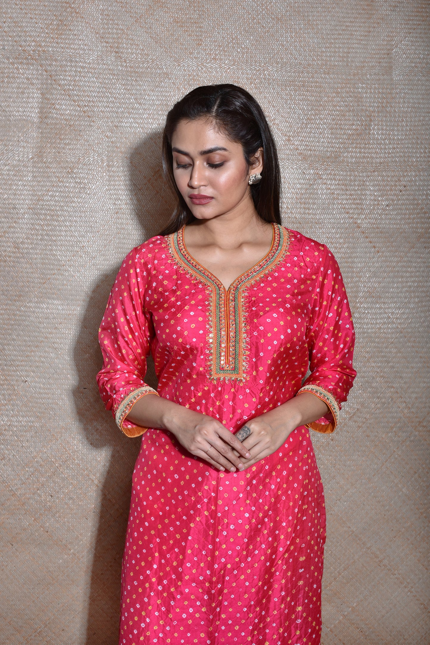 Red Bandhani on Silk Kurta with Thread Work