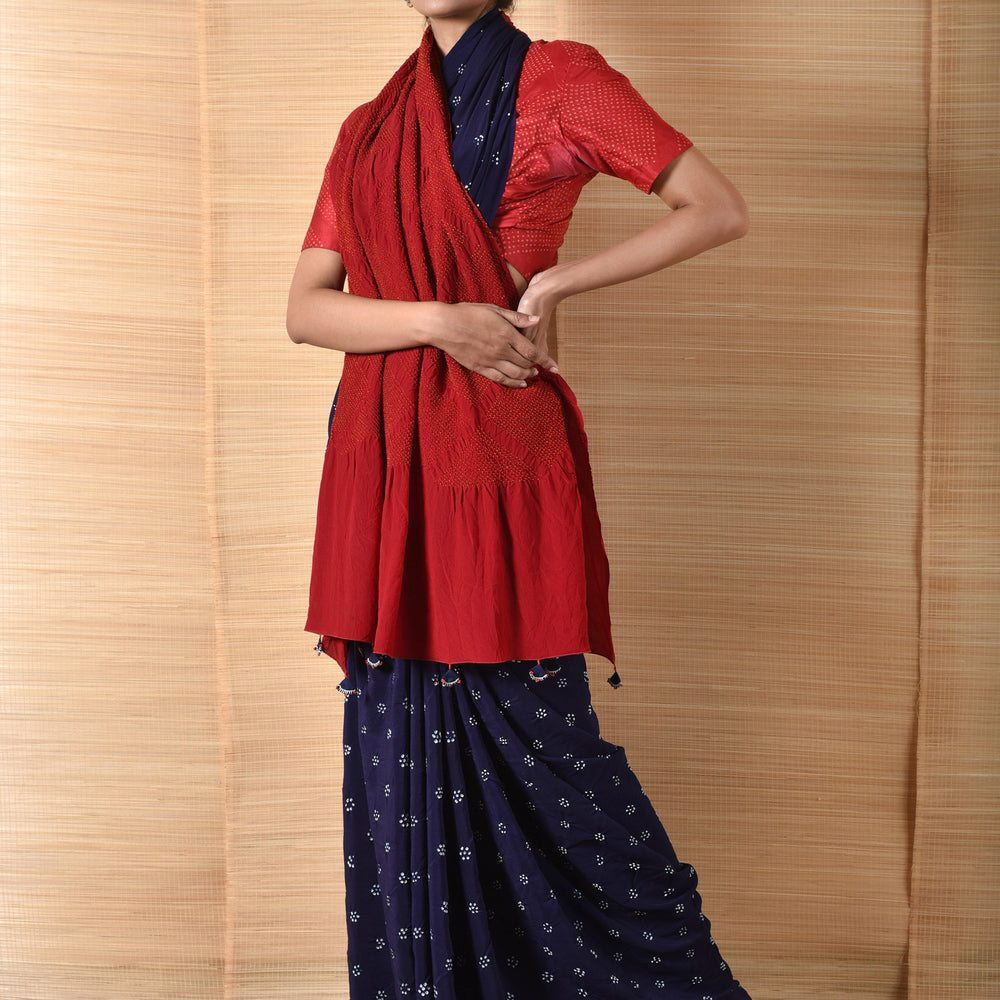 Red Blue Bandhani on Pure Crepe Saree