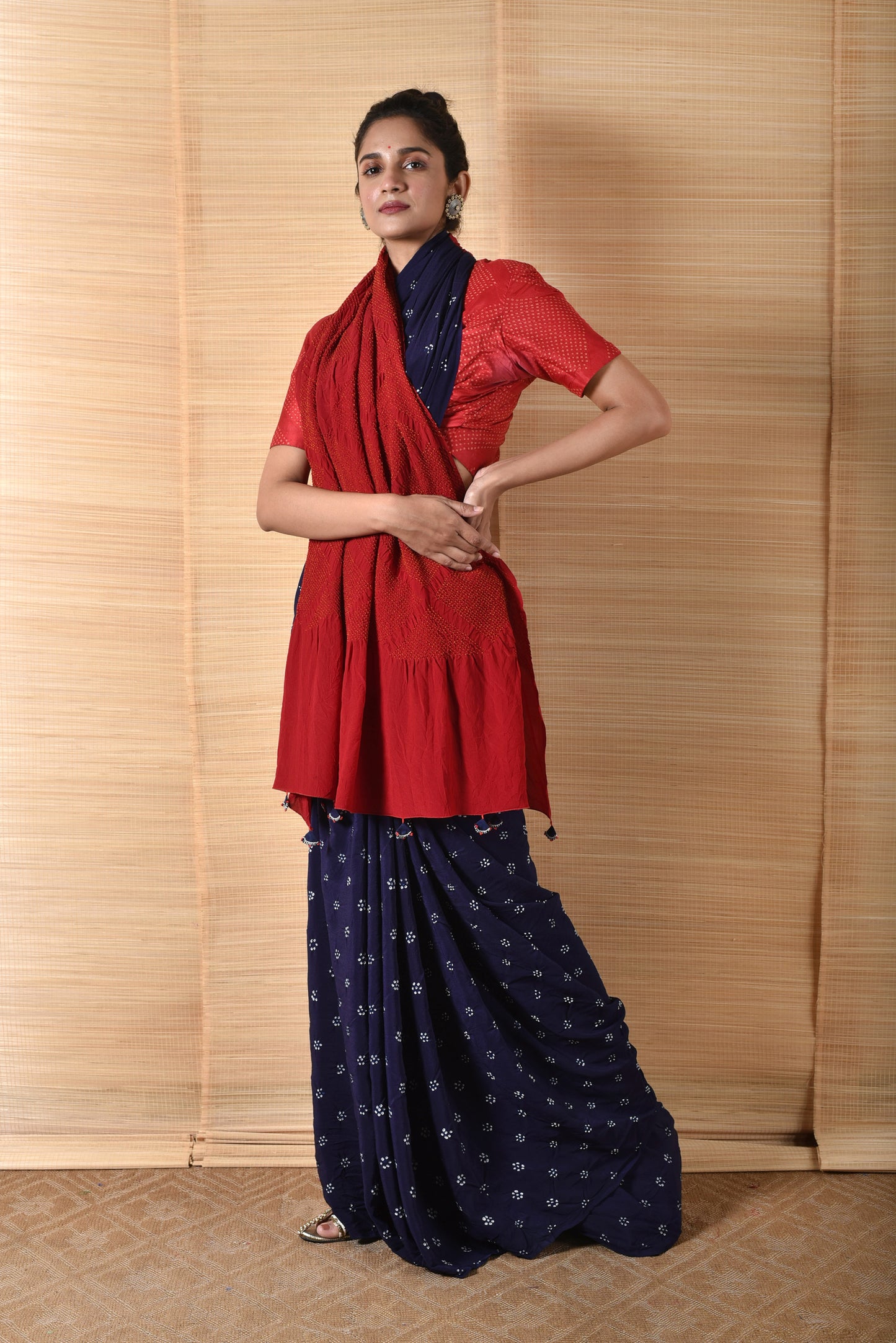 Red Blue Bandhani on Pure Crepe Saree