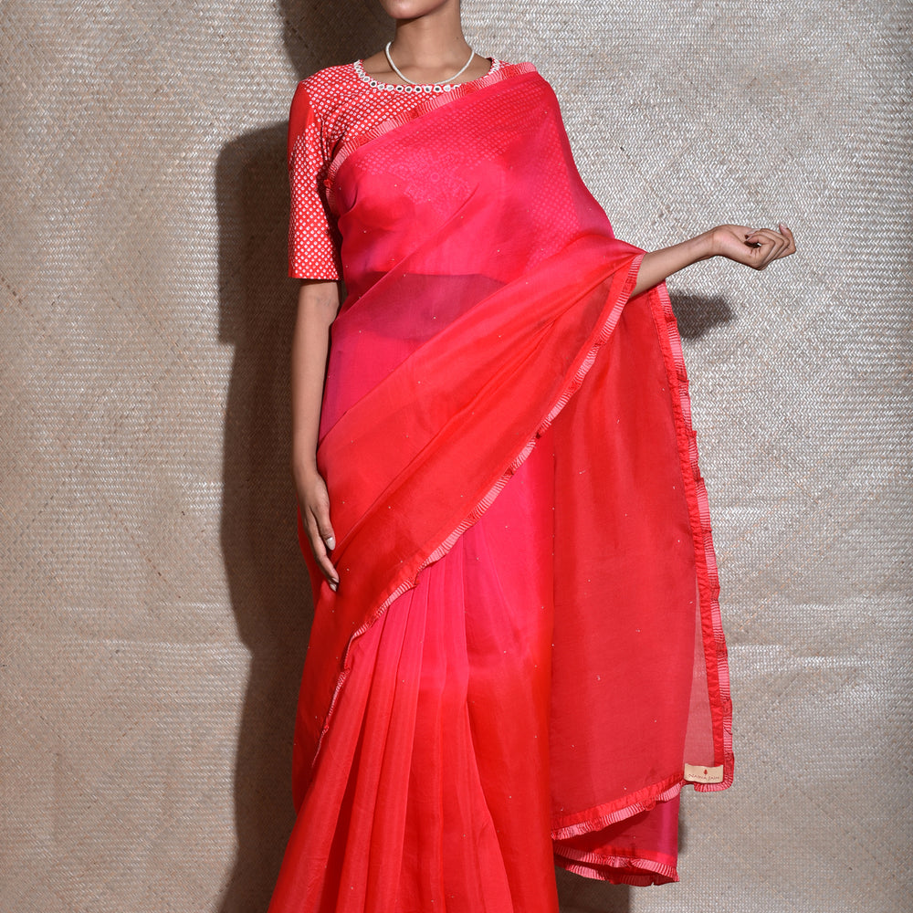 Red Shaded Pure Organza Saree With Bandhani Blouse