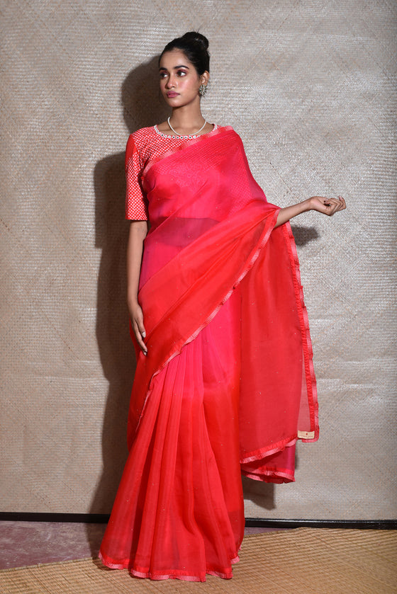Red Shaded Pure Organza Saree With Bandhani Blouse