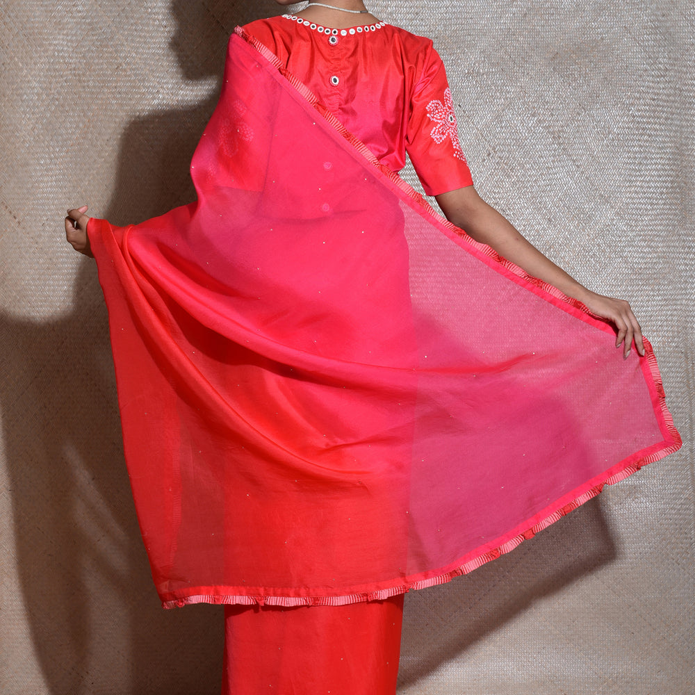 
                      
                        Red Shaded Pure Organza Saree With Bandhani Blouse
                      
                    