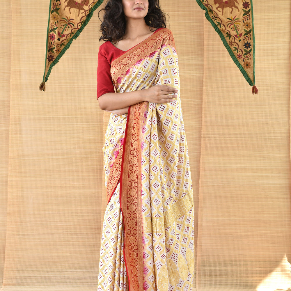 
                      
                        Red and White Banarasi Bandhani Saree
                      
                    