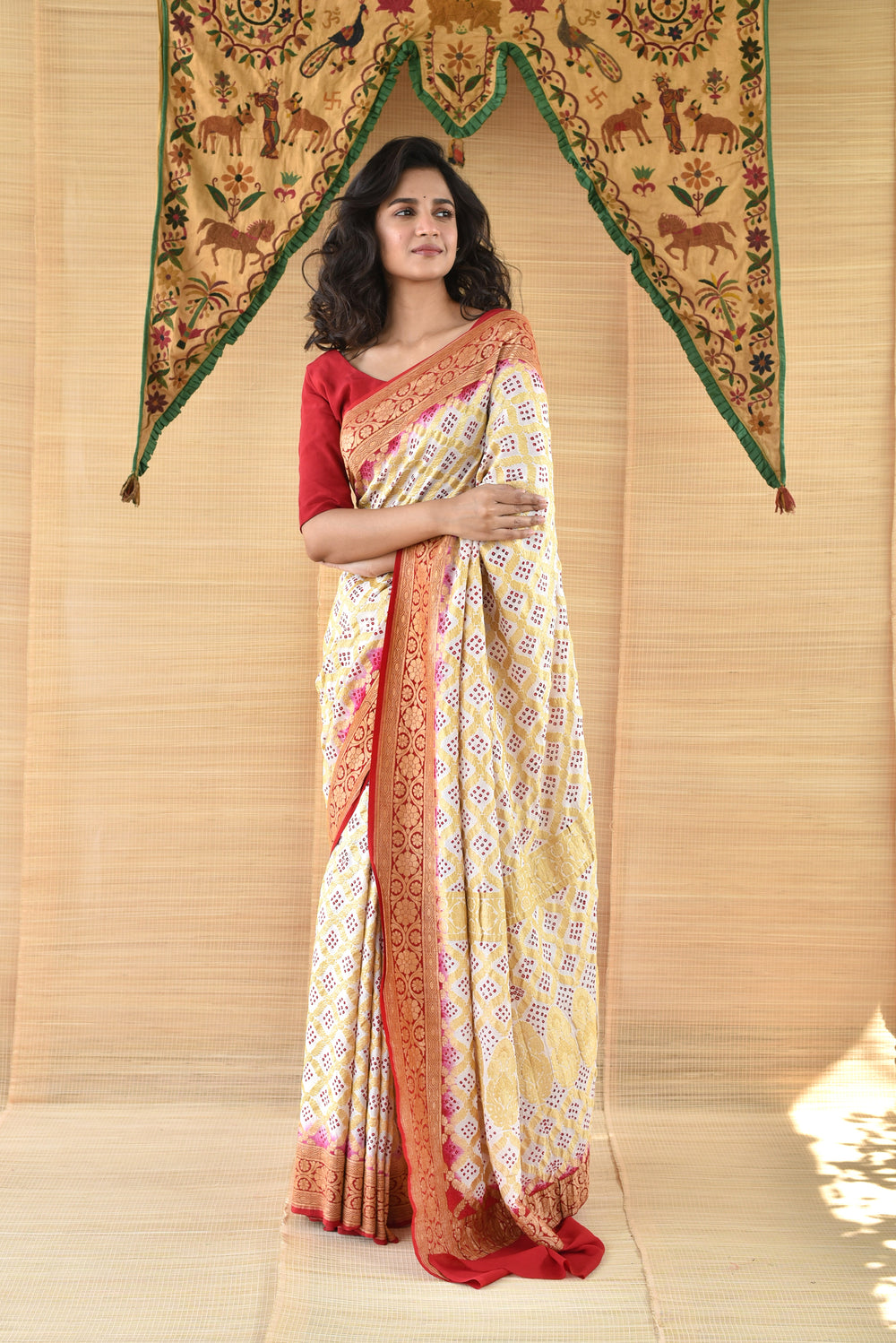 Red and White Banarasi Bandhani Saree