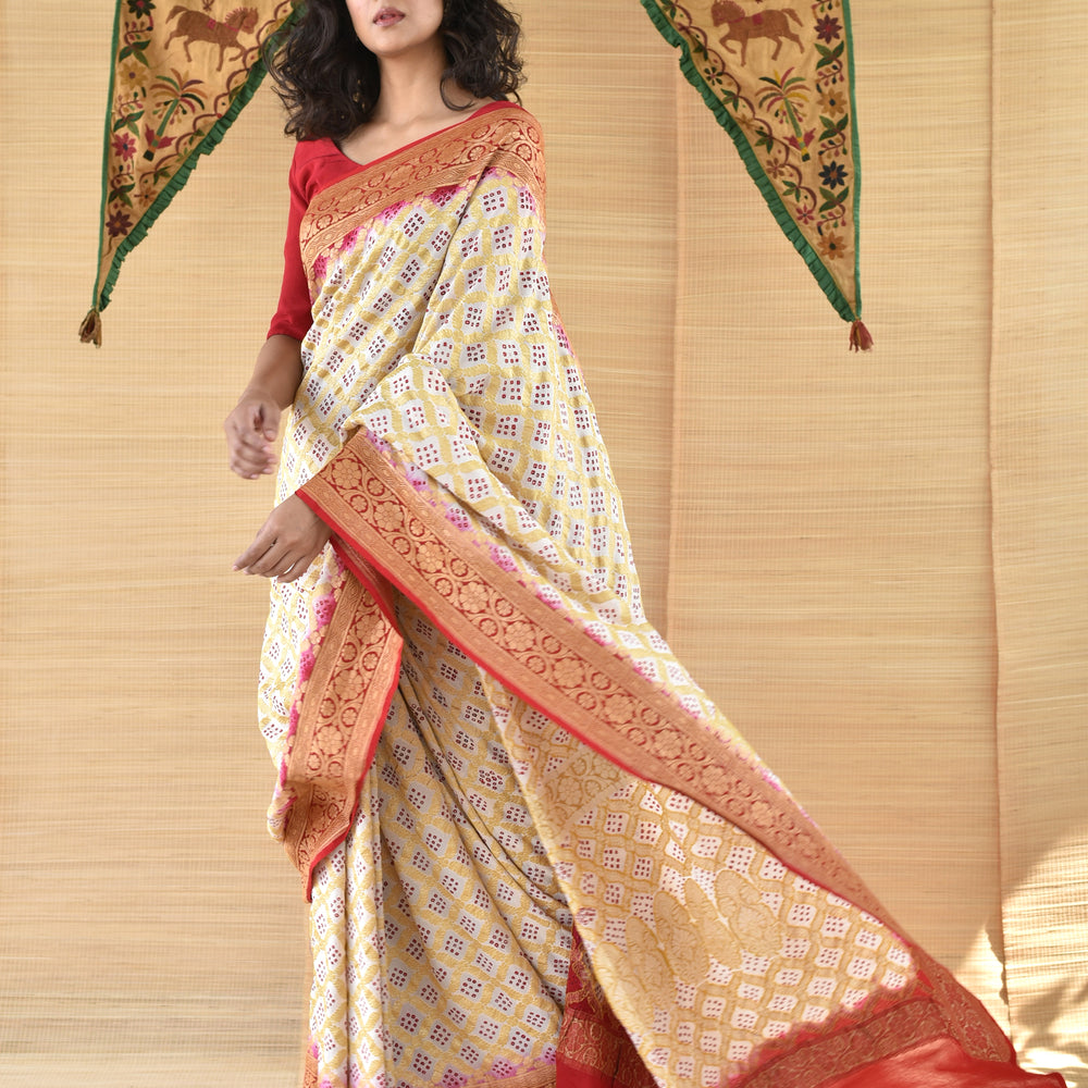 Red and White Banarasi Bandhani Saree