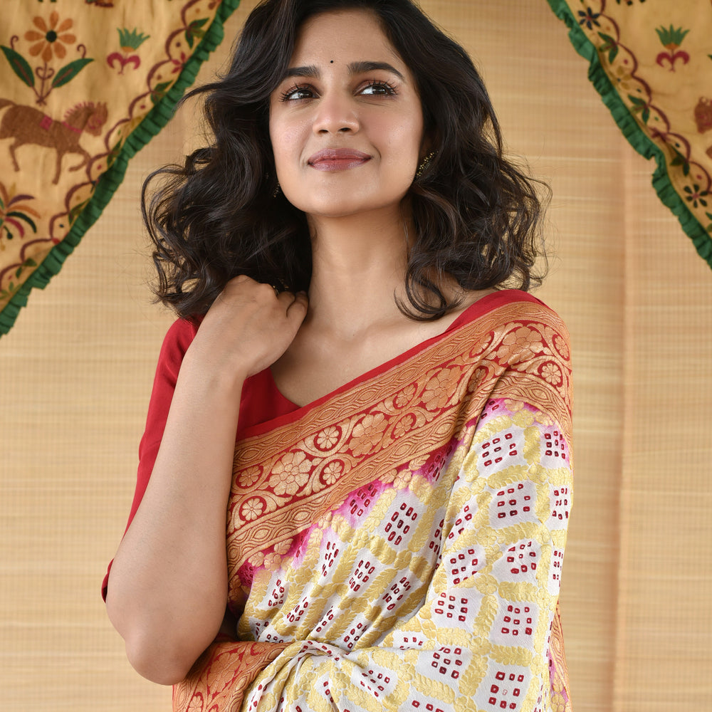 
                      
                        Red and White Banarasi Bandhani Saree
                      
                    