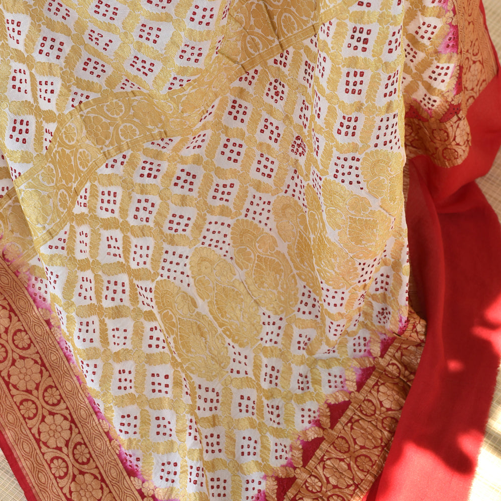 
                      
                        Red and White Banarasi Bandhani Saree
                      
                    