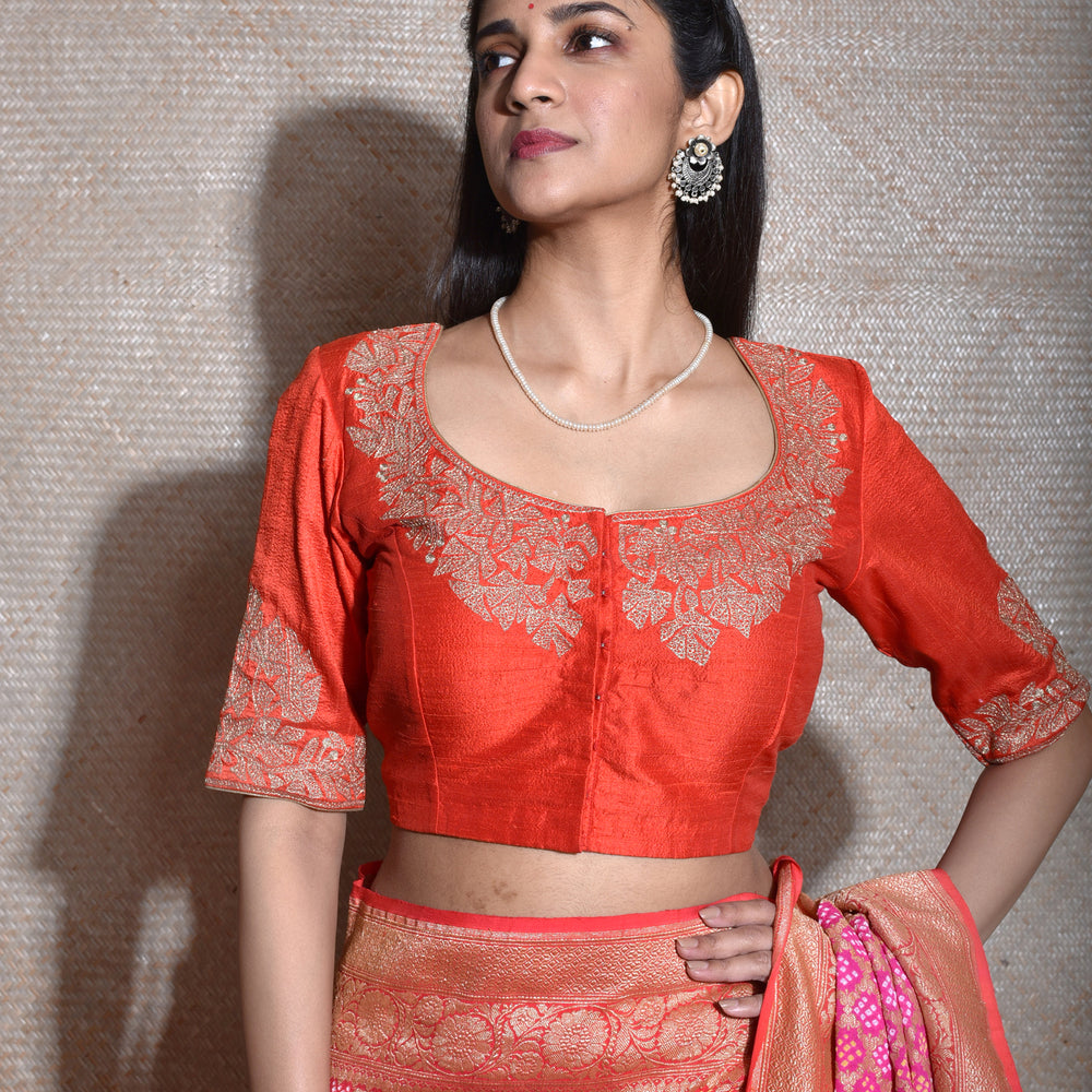 Rust Orange Raw Silk Aari Hand Embroidered Blouse