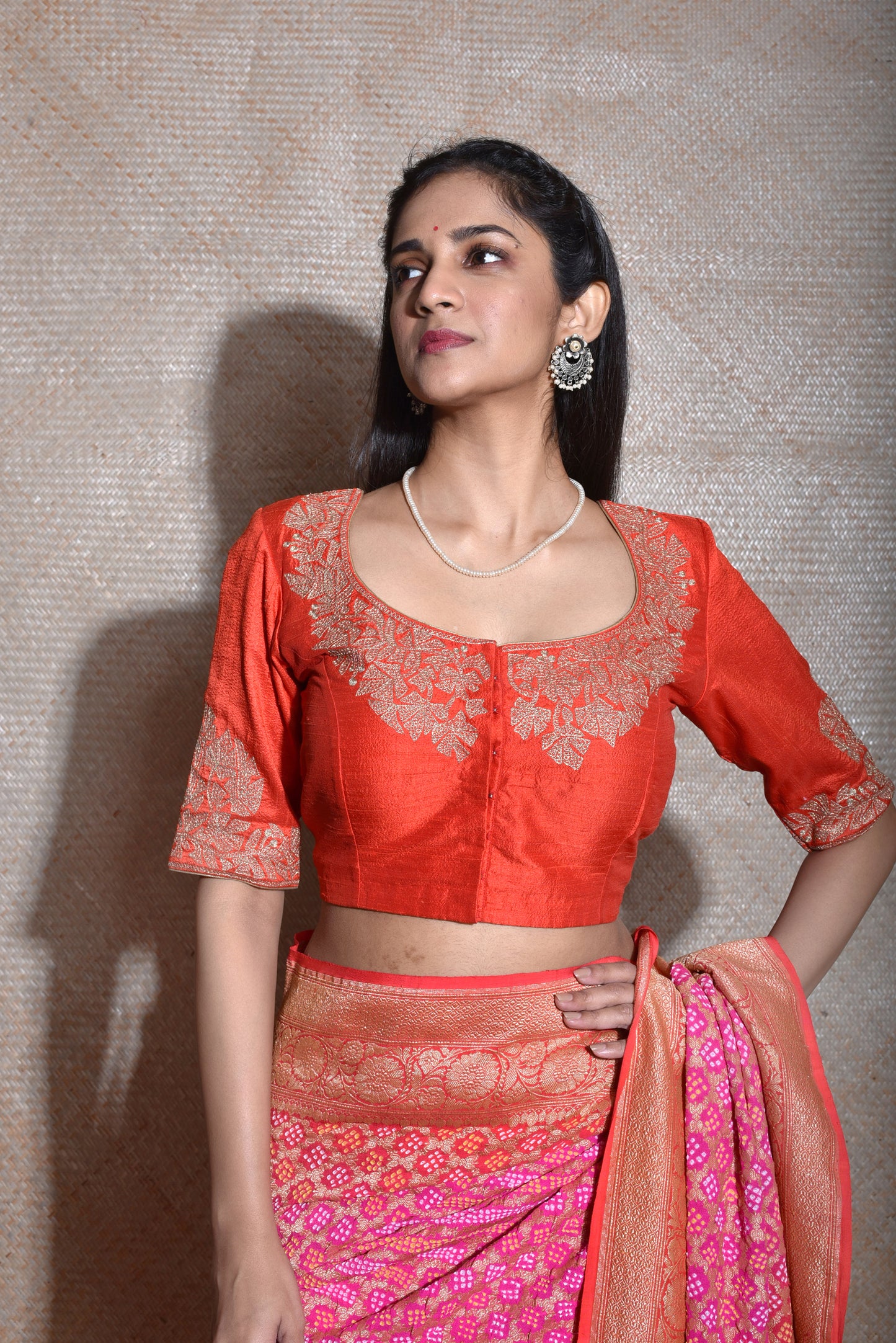 Rust Orange Raw Silk Aari Hand Embroidered Blouse