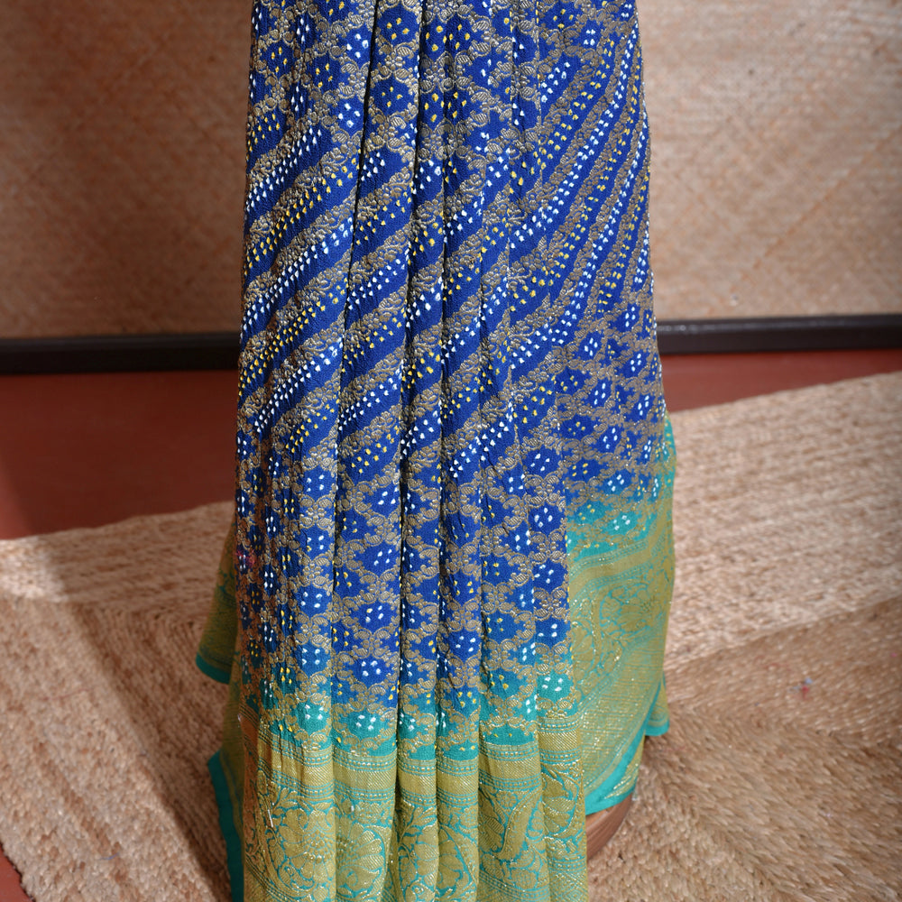 
                      
                        Sea Green Blue Shaded Banarasi Bandhani Saree
                      
                    