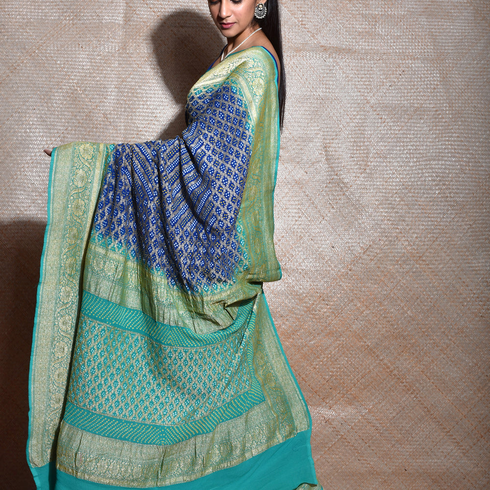 
                      
                        Sea Green Blue Shaded Banarasi Bandhani Saree
                      
                    