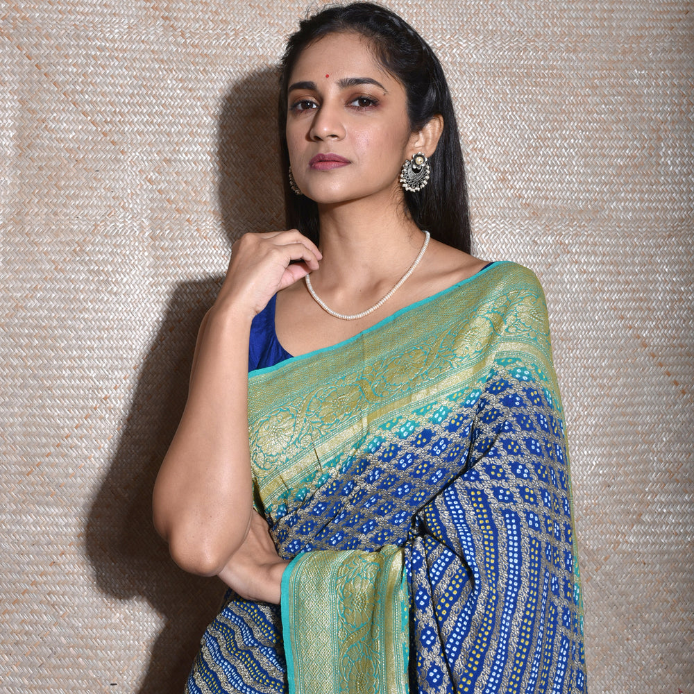 
                      
                        Sea Green Blue Shaded Banarasi Bandhani Saree
                      
                    