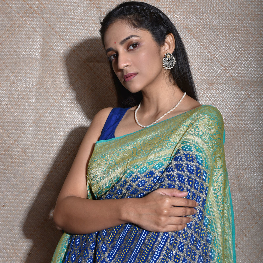 
                      
                        Sea Green Blue Shaded Banarasi Bandhani Saree
                      
                    