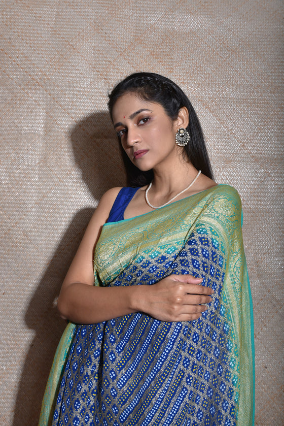 Image of Traditional Indian Female/Woman Model in Blue Saree, green Blouse  - Showing her earrings-GJ836727-Picxy