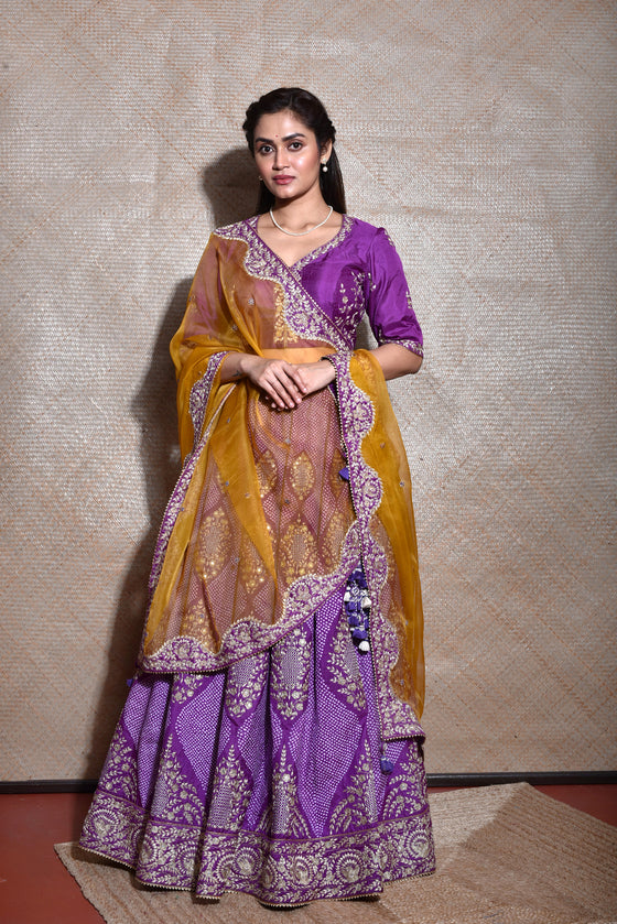 Studio Bagechaa Colorblock Panelled Printed Lehenga Set | Yellow, Bandhani,  Silk, V Neck, Half | Party wear indian dresses, Indian bride outfits, Aza  fashion