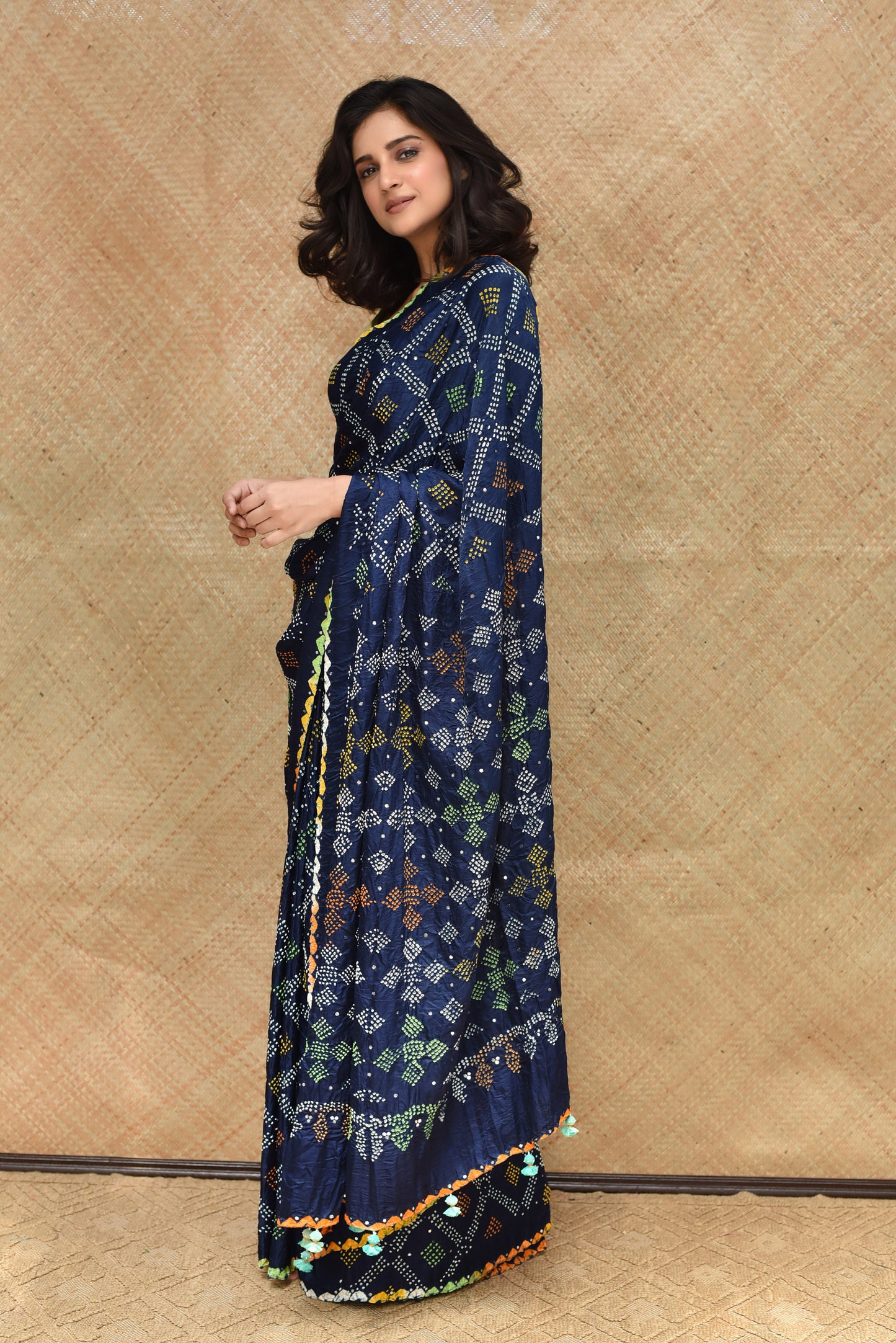 Blue Bandhani on Gaji Silk Saree with Mirror Work