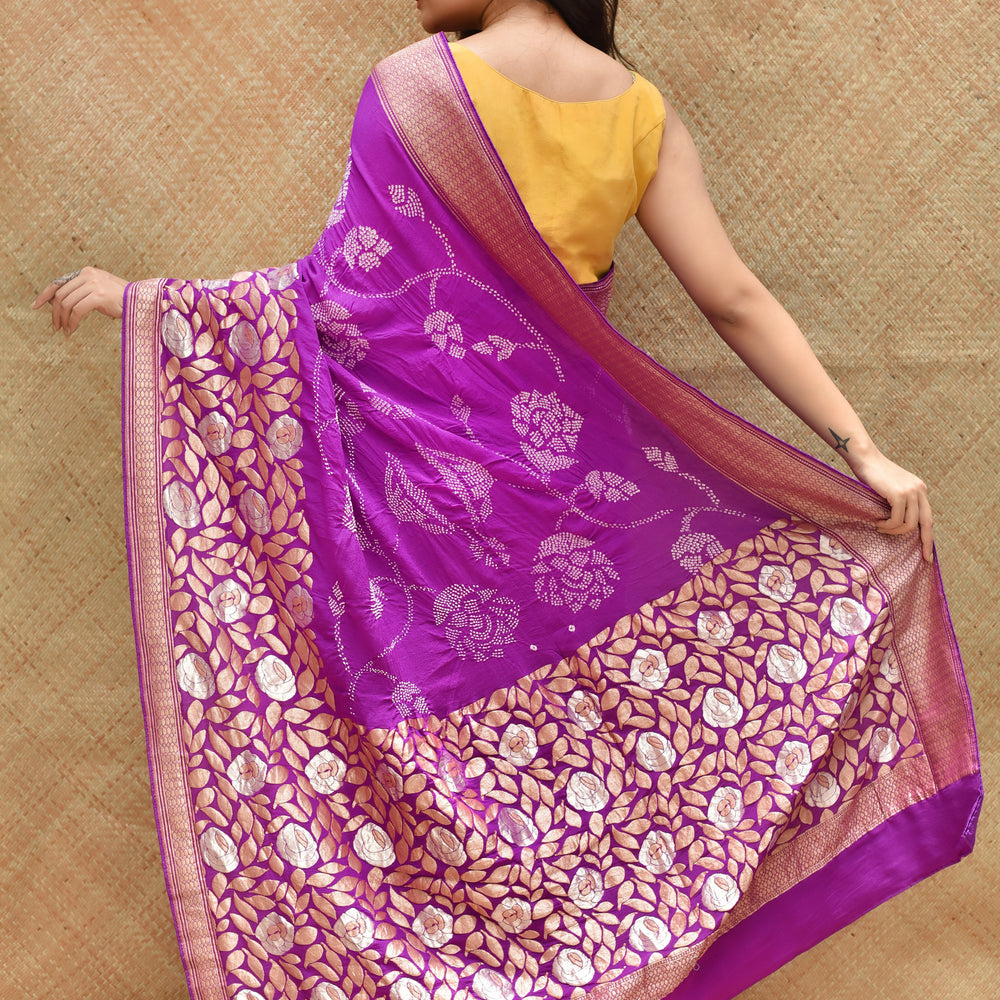 
                      
                        Abstract Bandhani Banarasi Saree with Rose + Floral Motif - Purple
                      
                    