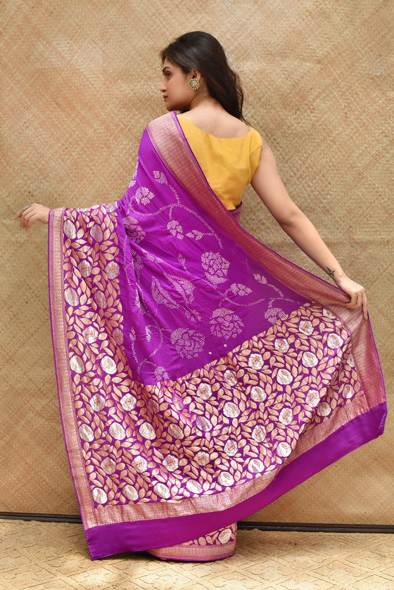 Abstract Bandhani Banarasi Saree with Rose + Floral Motif - Purple