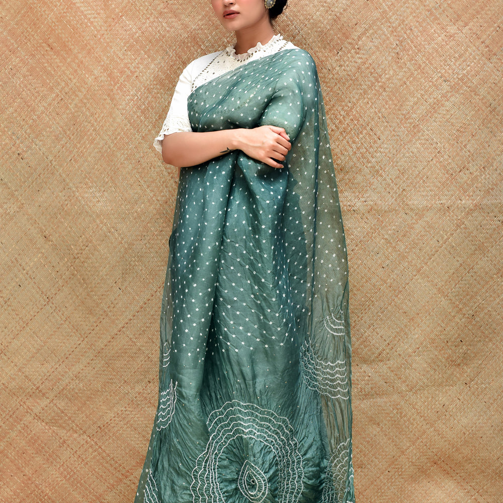 Bandhani on Pure Organza Saree with Pattern on Pallu - Mehendi Green