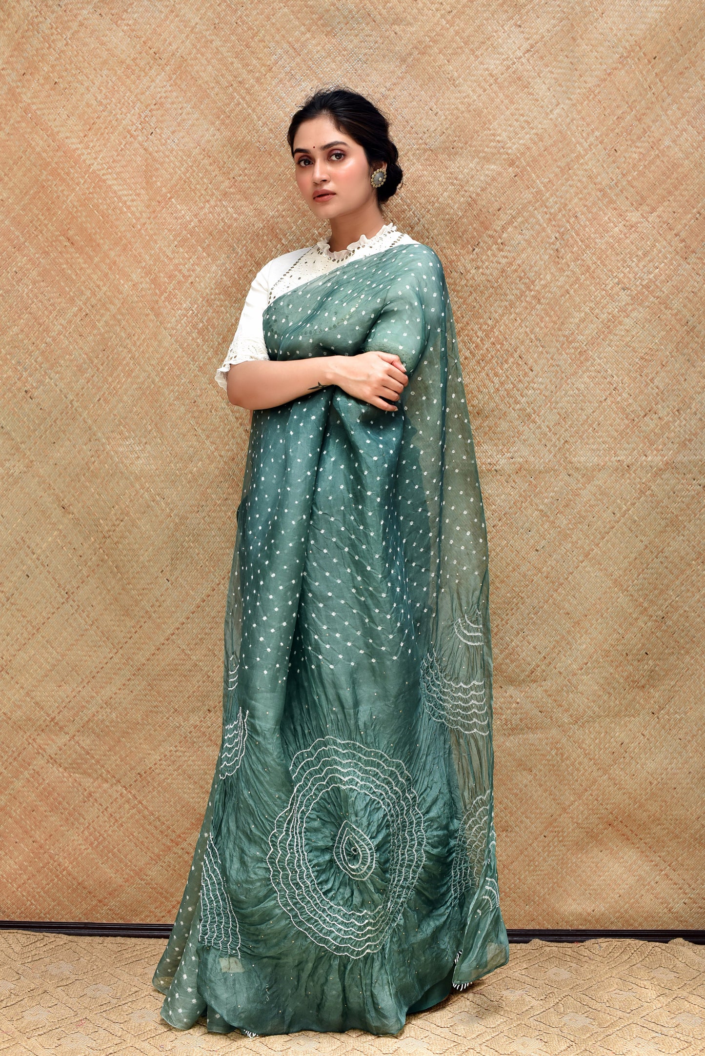 Bandhani on Pure Organza Saree with Pattern on Pallu - Mehendi Green