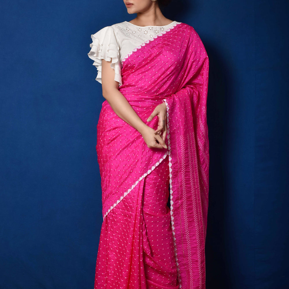 Fuchsia Gaji Silk Bandhani Saree with Mirror Work