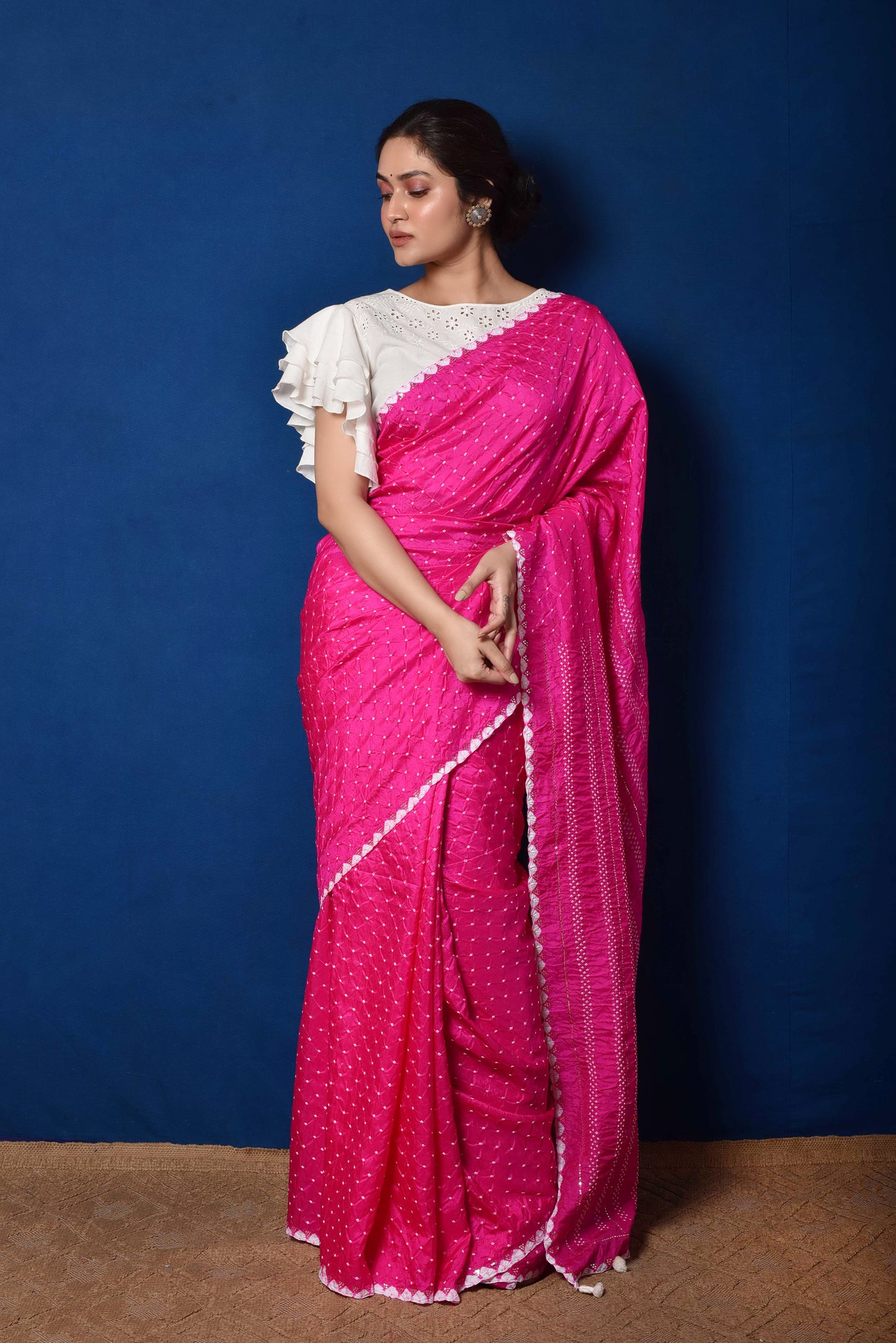 Fuchsia Gaji Silk Bandhani Saree with Mirror Work