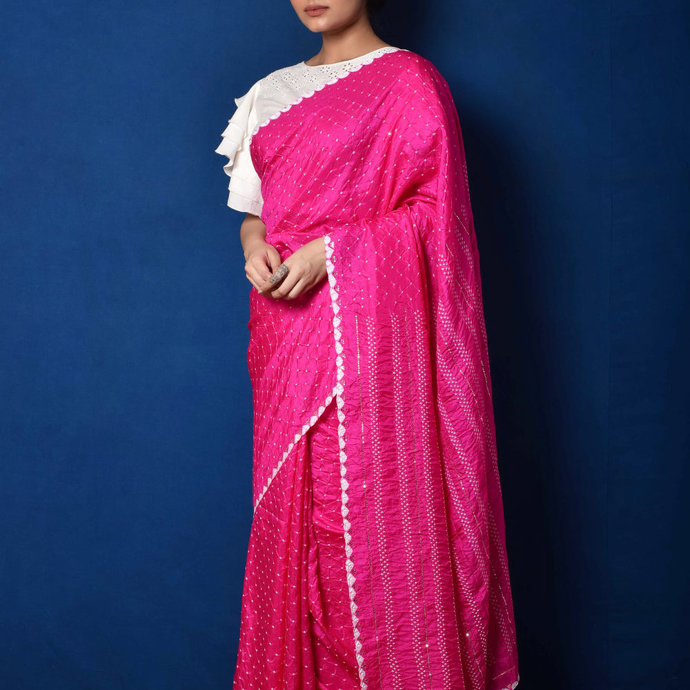 Fuchsia Gaji Silk Bandhani Saree with Mirror Work