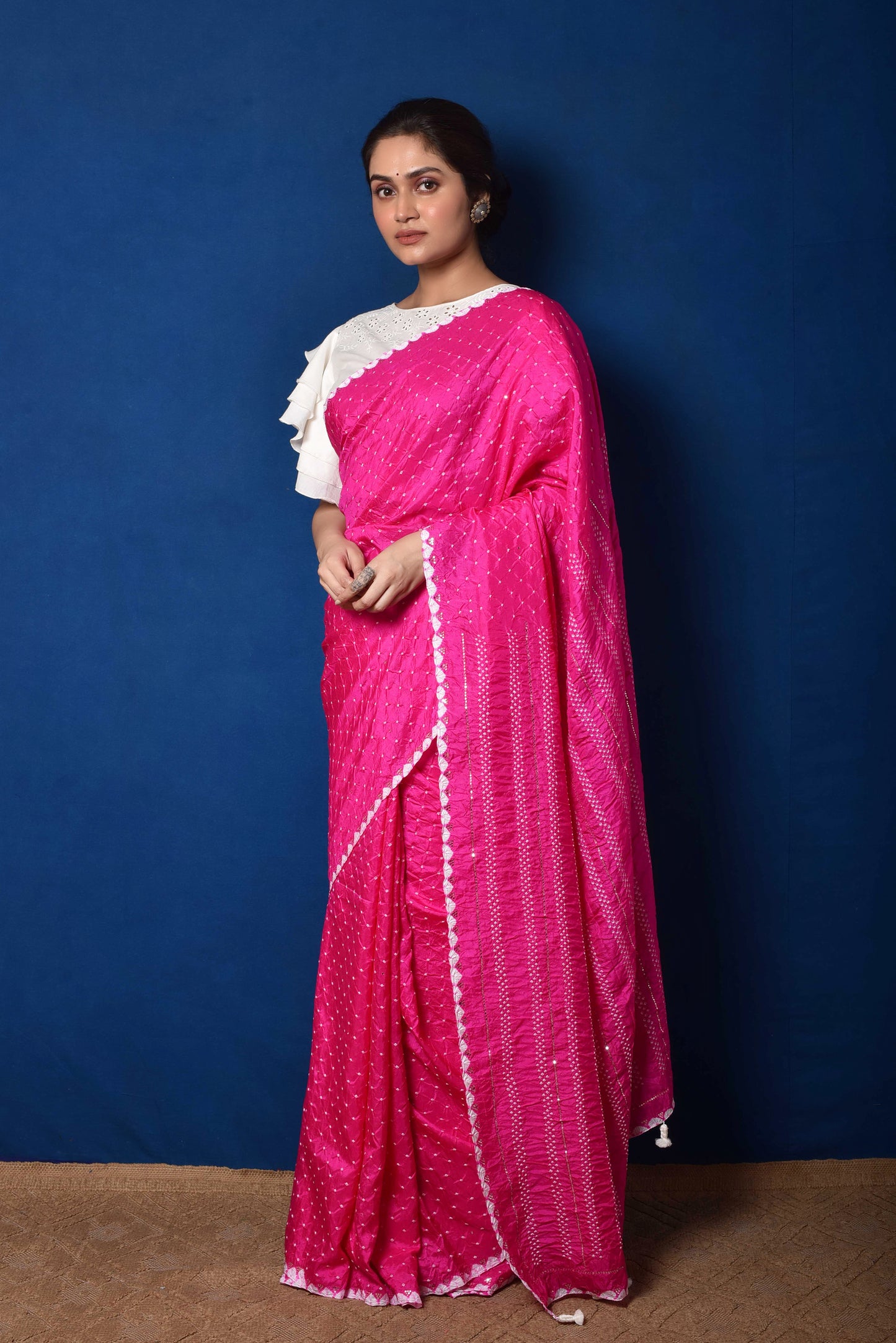 Fuchsia Gaji Silk Bandhani Saree with Mirror Work