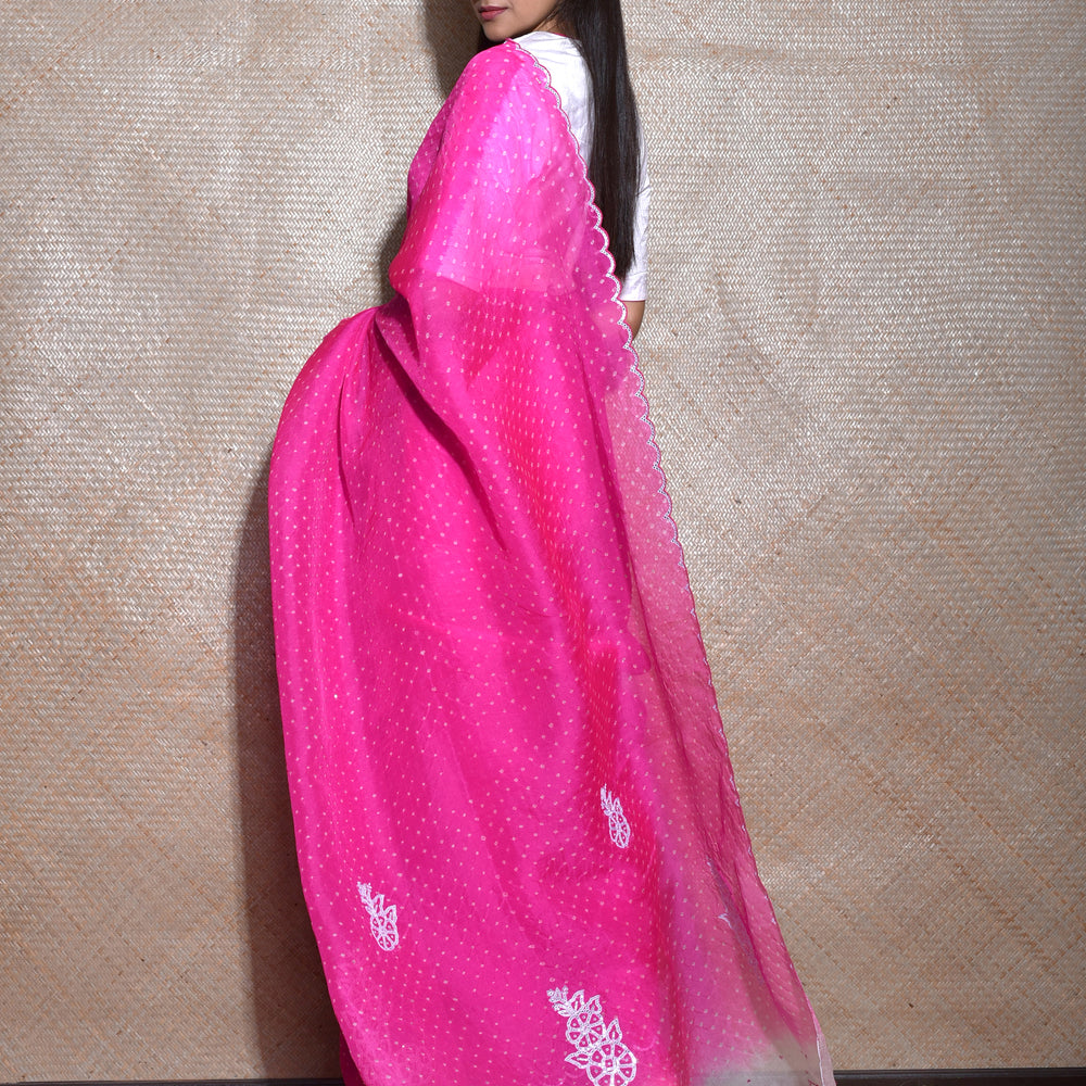 Bandhani on Organza Saree with Mirror Work - Rani White