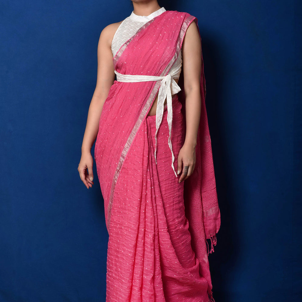 Pink Bandhani on Linen Saree